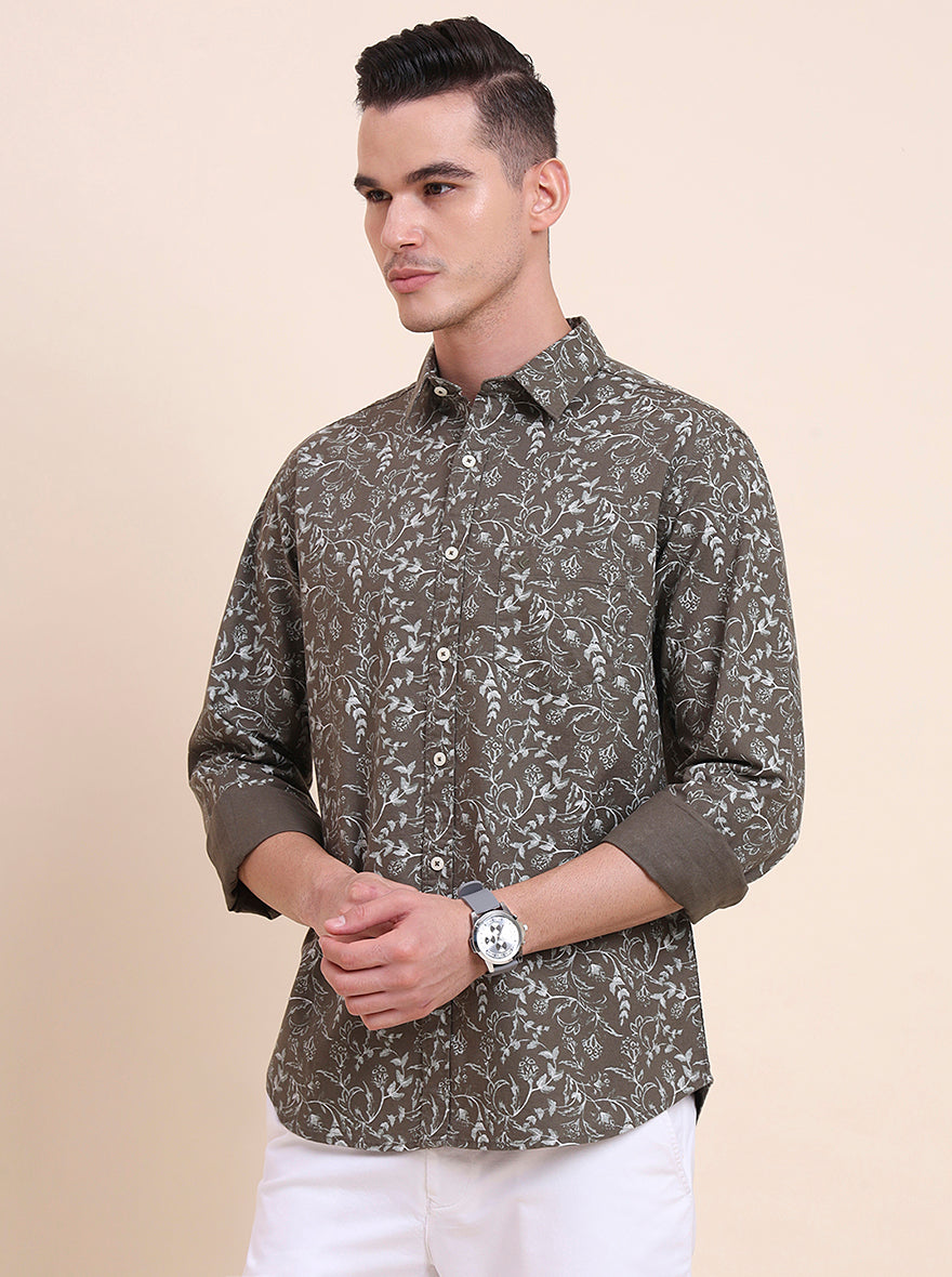Olive Brown Printed Slim Fit Casual Shirt | Greenfibre
