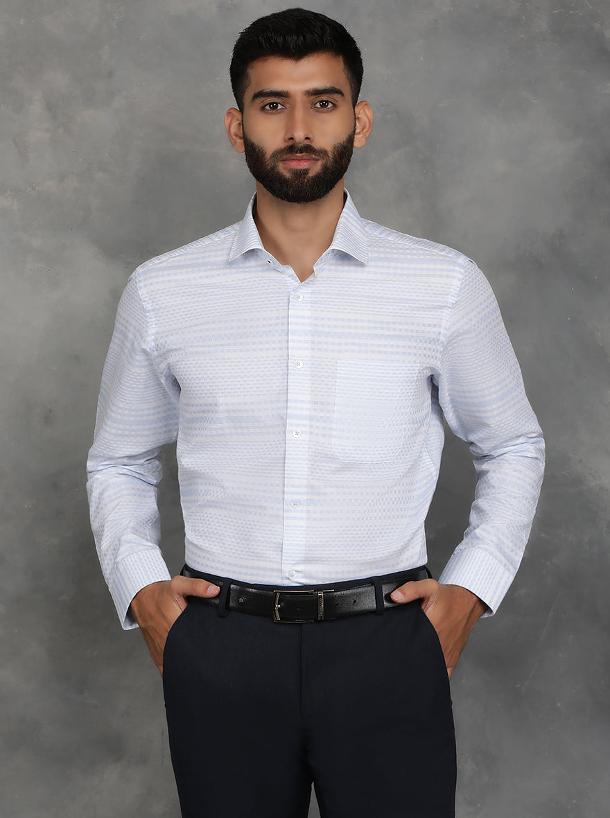 Sky Blue Striped Slim Fit Formal Shirt | GreenFibre