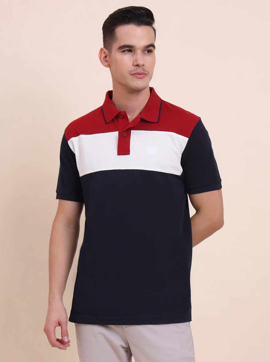 Blue & White CUT & SEW Slim Fit Polo T-Shirt | Greenfibre