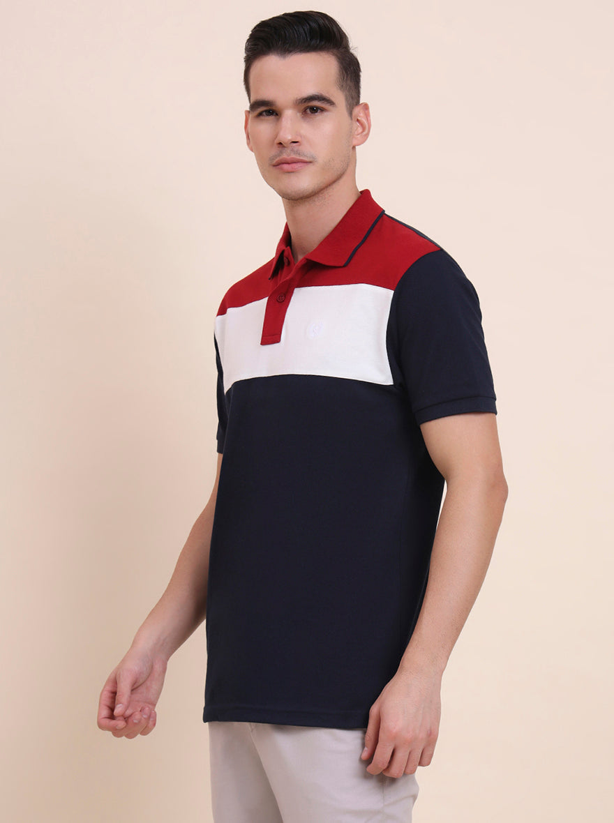 Blue & White CUT & SEW Slim Fit Polo T-Shirt | Greenfibre