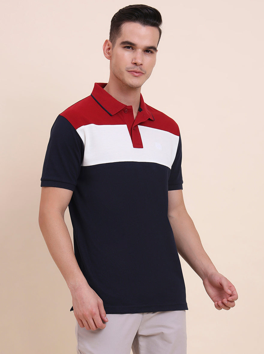 Blue & White CUT & SEW Slim Fit Polo T-Shirt | Greenfibre