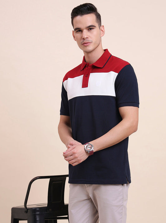 Blue & White CUT & SEW Slim Fit Polo T-Shirt | Greenfibre