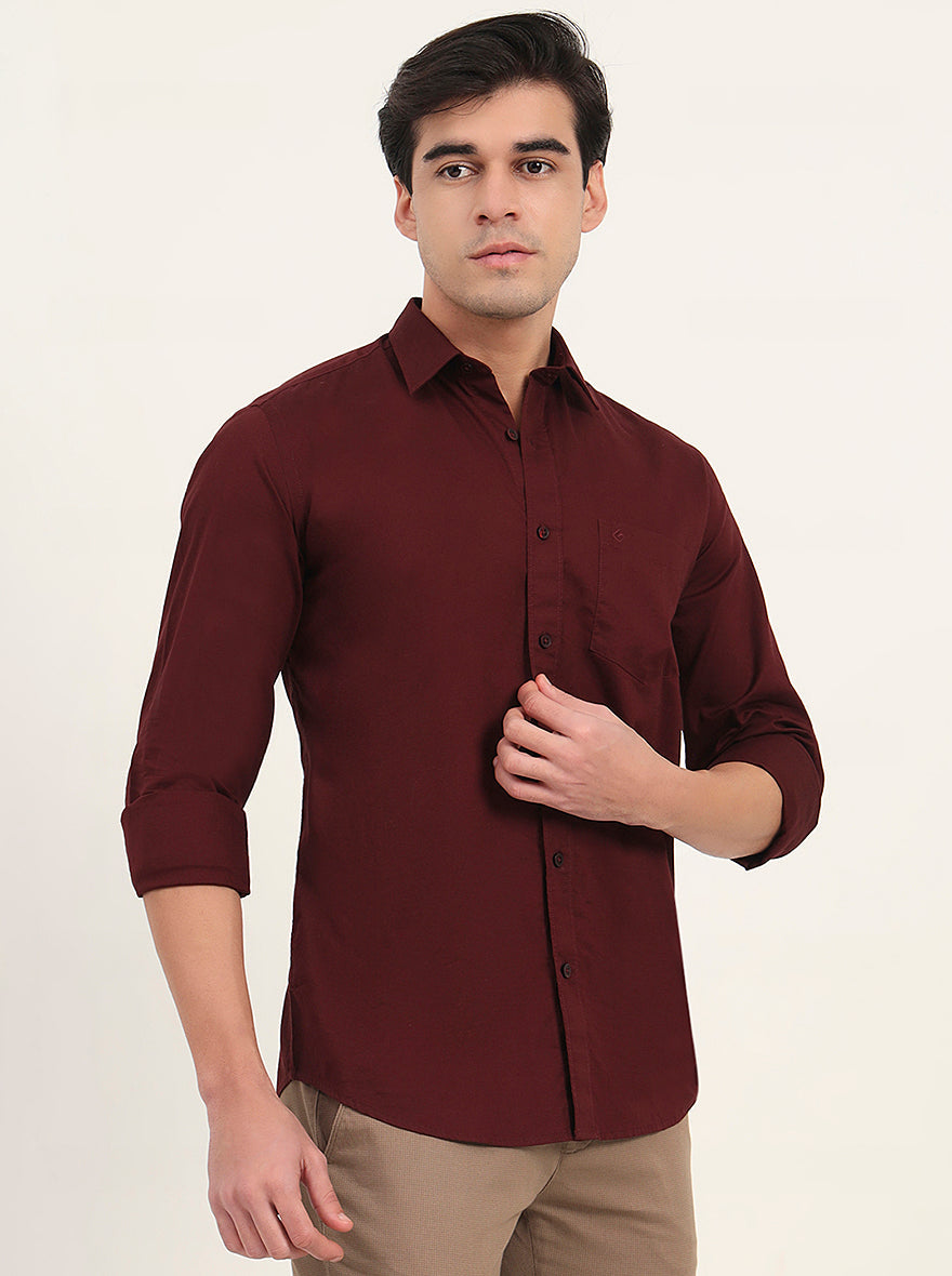 Maroon Solid Slim Fit Semi Casual Shirt | Greenfibre