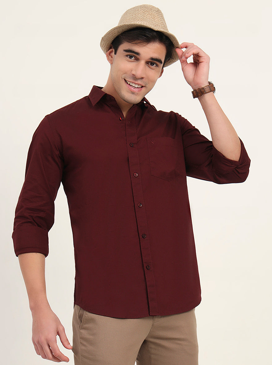 Maroon Solid Slim Fit Semi Casual Shirt | Greenfibre