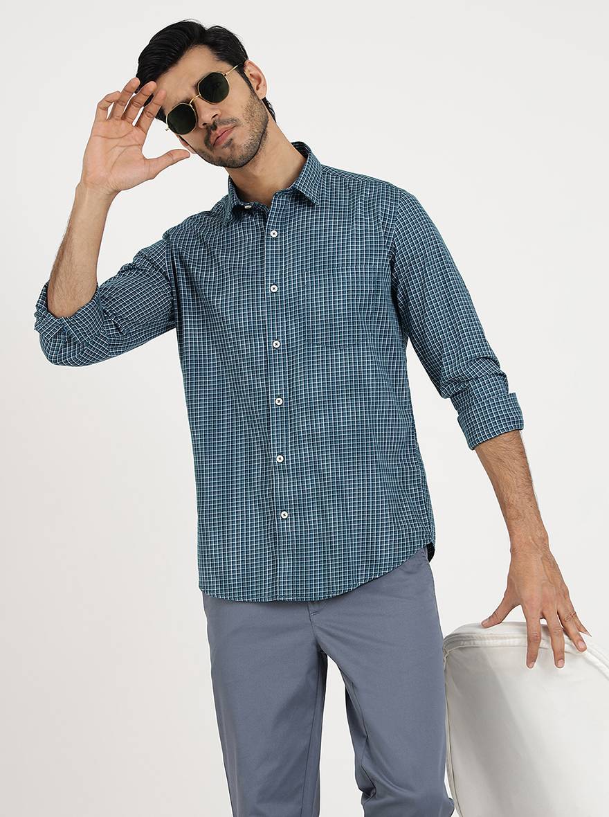 Blue Checked Smart Fit Semi Casual Shirt | Greenfibre