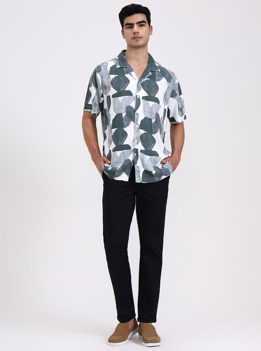 Green & White Printed Slim Fit Casual Shirt | Greenfibre