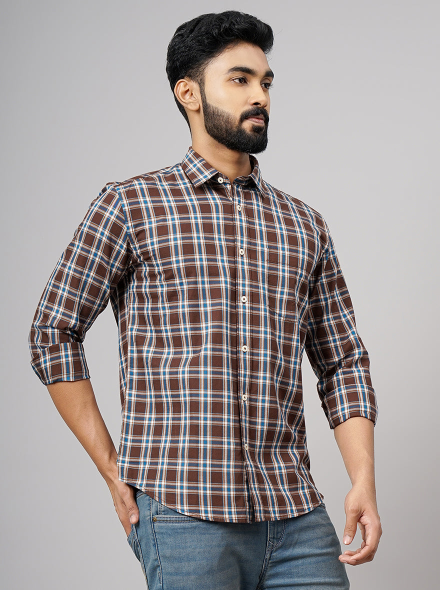Brown Checked Smart Fit Semi Casual Shirt | Greenfibre