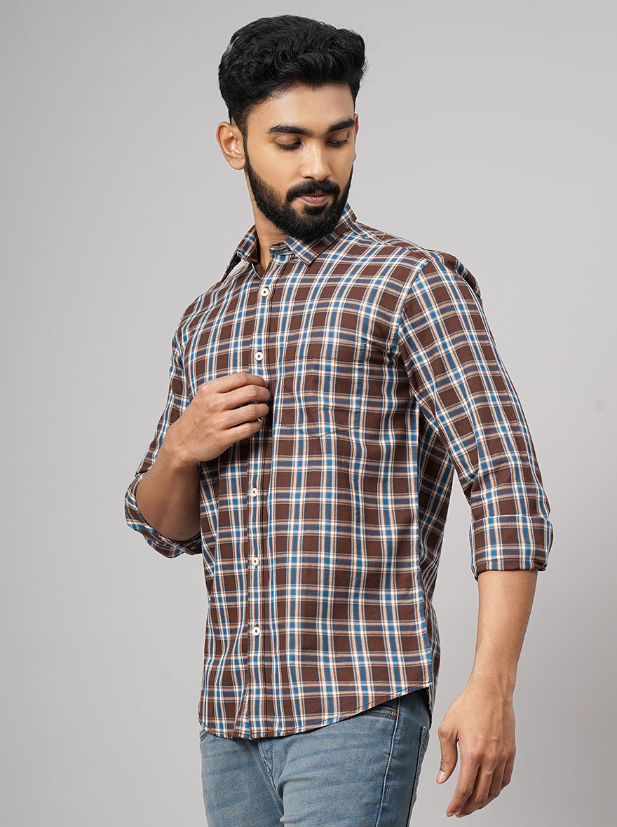 Brown Checked Smart Fit Semi Casual Shirt | Greenfibre