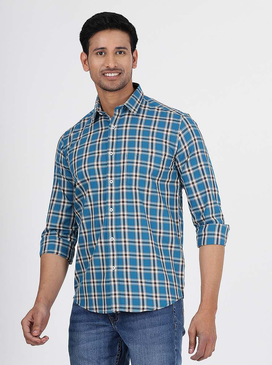 Blue Checked Smart Fit Semi Casual Shirt | Greenfibre