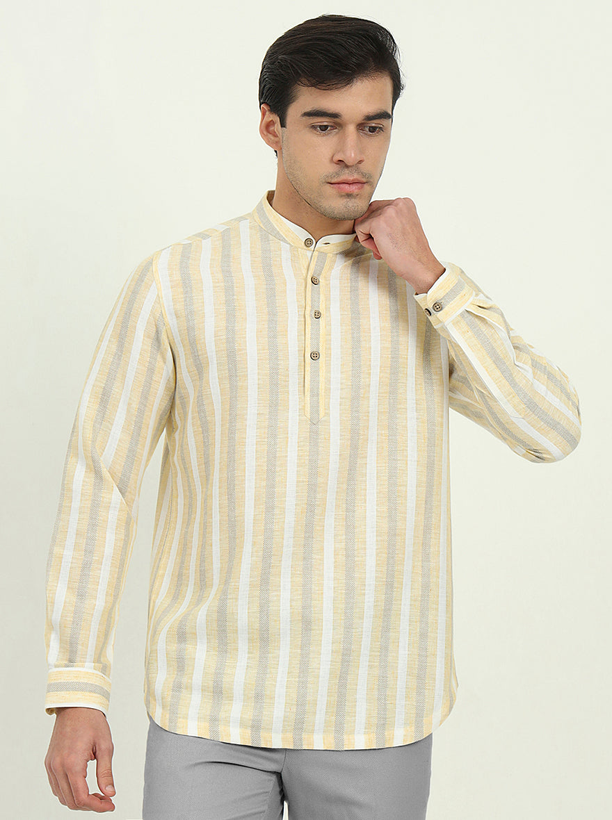 Yellow Striped Slim Fit Party Wear Kurta | Greenfibre