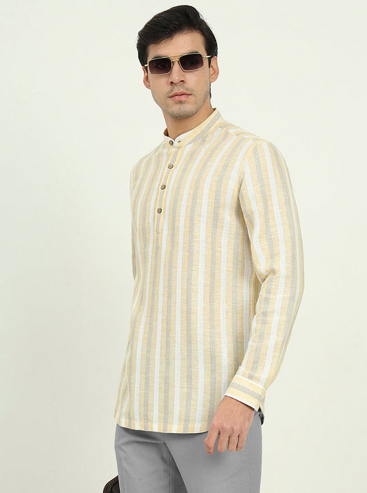 Yellow Striped Slim Fit Party Wear Kurta | Greenfibre