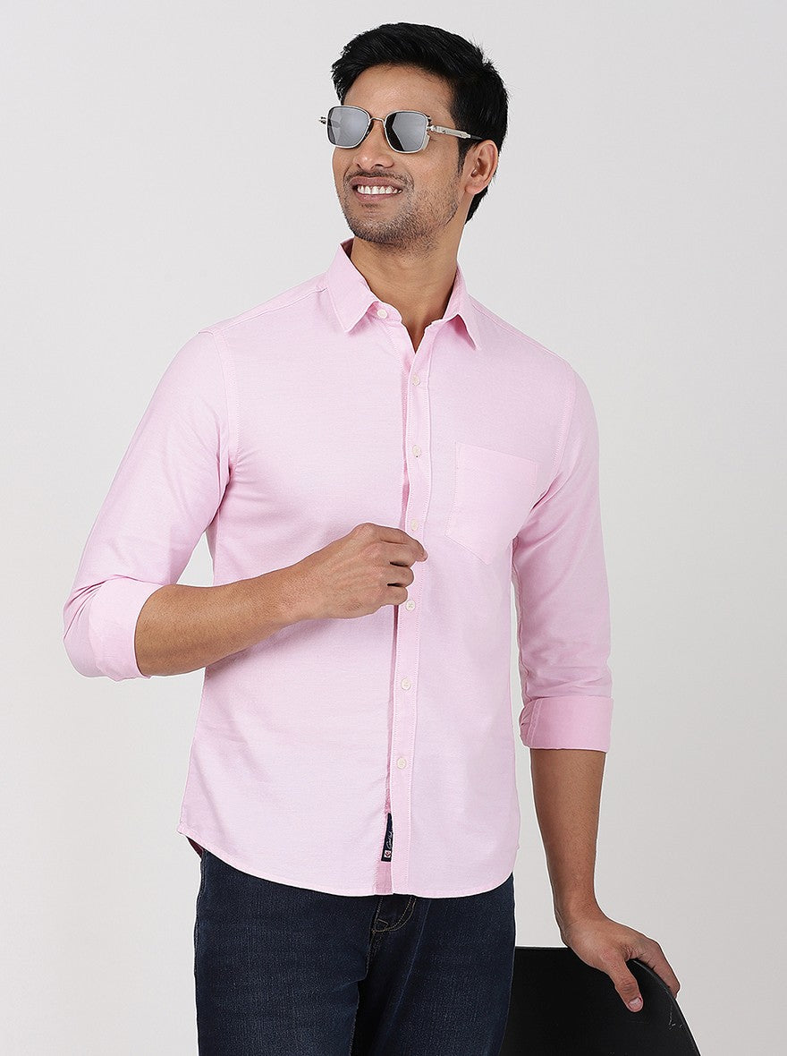 Pink Solid Slim Fit Casual Shirt | Greenfibre