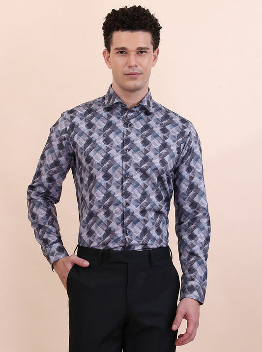 Grey Printed Slim Fit Party Wear Shirt | Greenfibre
