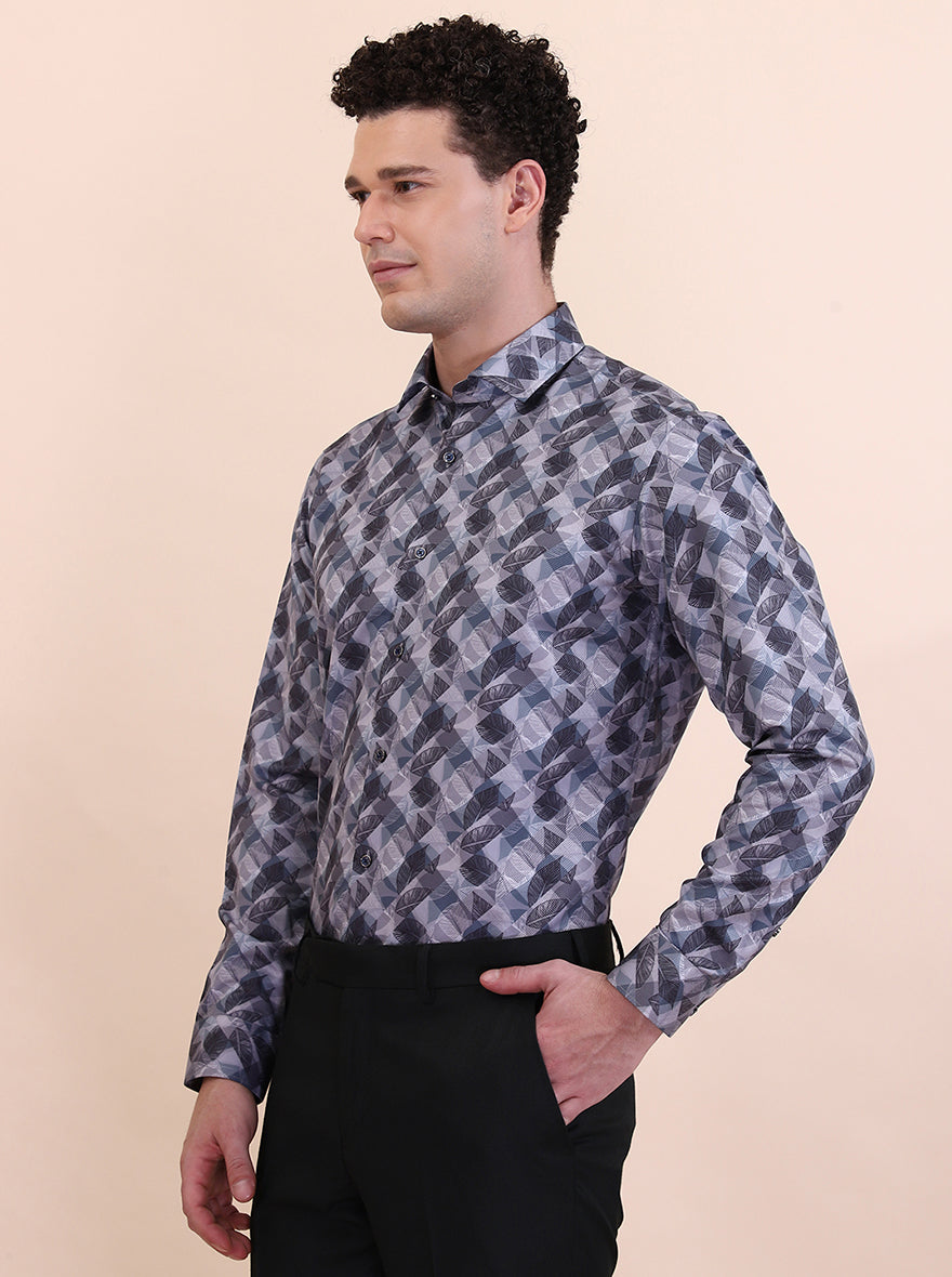 Grey Printed Slim Fit Party Wear Shirt | Greenfibre