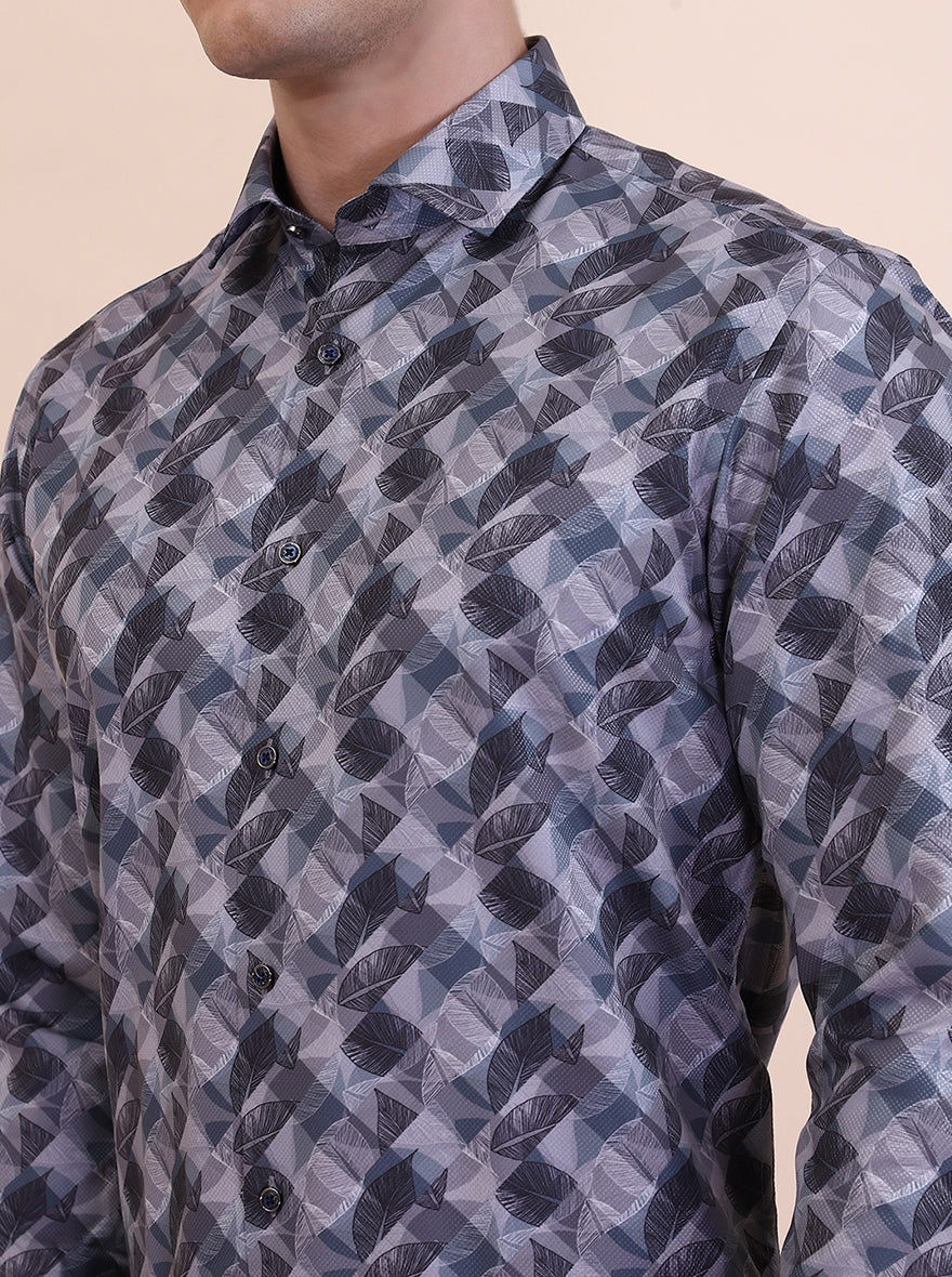 Grey Printed Slim Fit Party Wear Shirt | Greenfibre