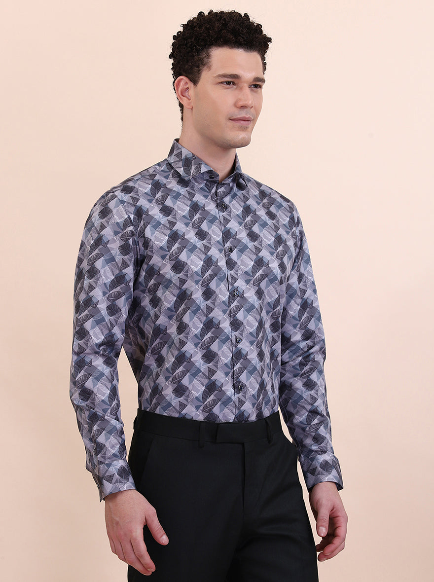 Grey Printed Slim Fit Party Wear Shirt | Greenfibre