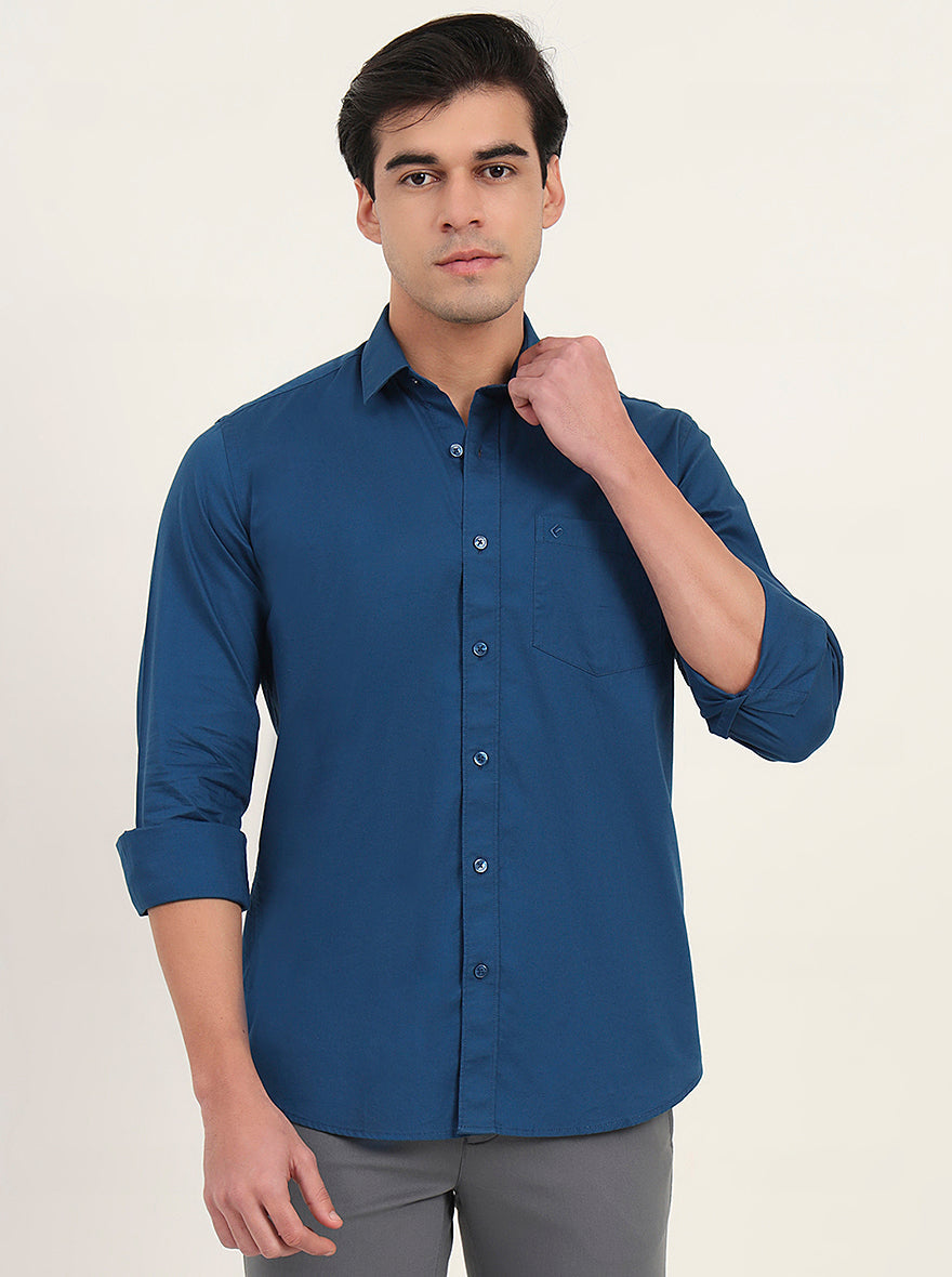 Petrol Blue Solid Slim Fit Semi Casual Shirt | Greenfibre