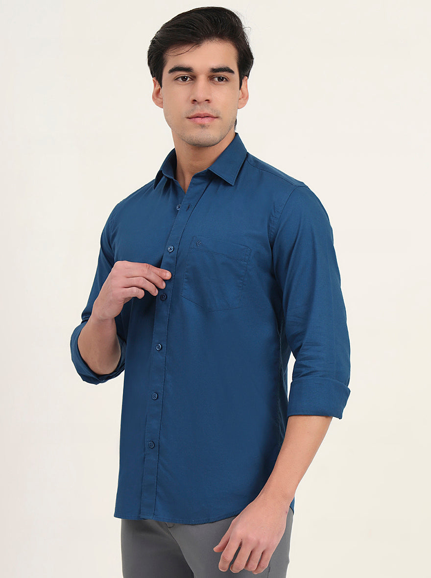Petrol Blue Solid Slim Fit Semi Casual Shirt | Greenfibre