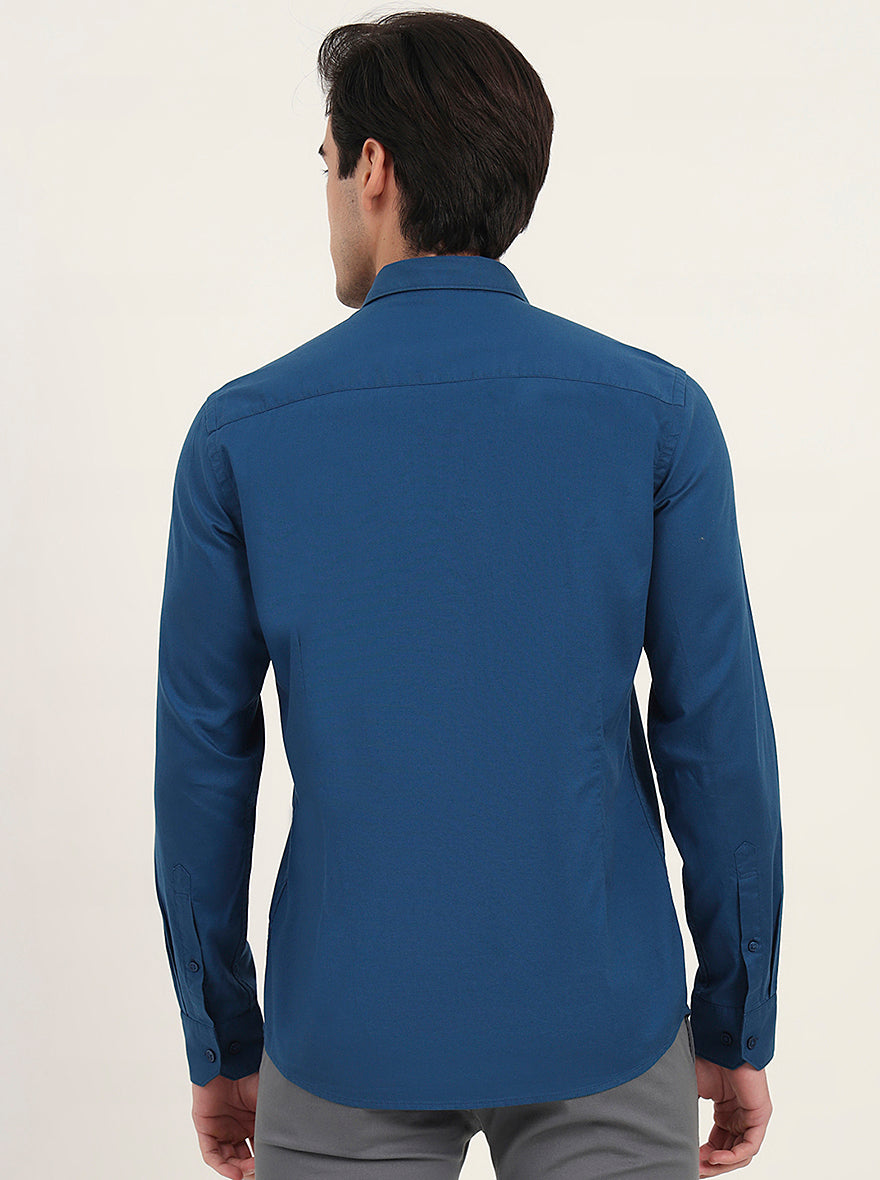 Petrol Blue Solid Slim Fit Semi Casual Shirt | Greenfibre