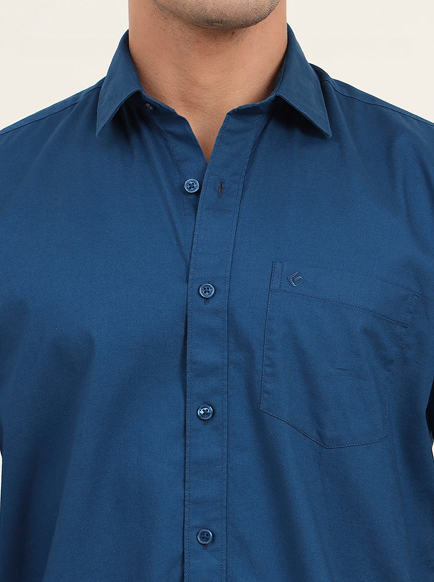 Petrol Blue Solid Slim Fit Semi Casual Shirt | Greenfibre