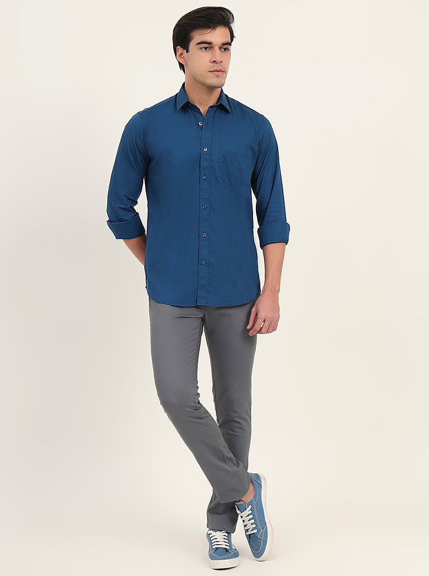Petrol Blue Solid Slim Fit Semi Casual Shirt | Greenfibre
