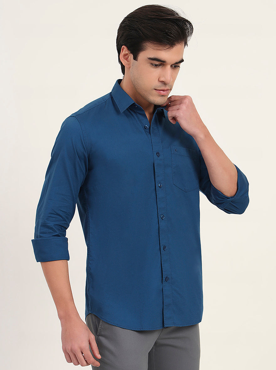 Petrol Blue Solid Slim Fit Semi Casual Shirt | Greenfibre