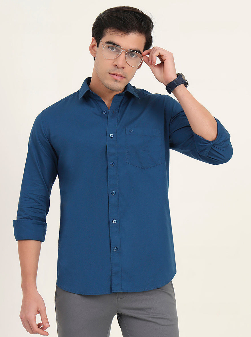 Petrol Blue Solid Slim Fit Semi Casual Shirt | Greenfibre