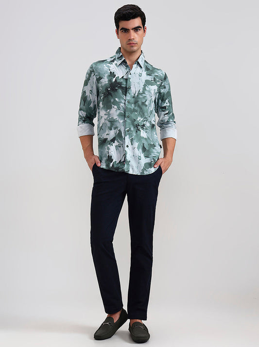 Green Printed Slim Fit Casual Shirt | Greenfibre