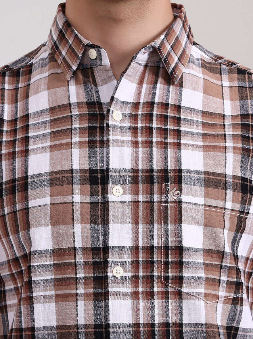 Beige Checked Slim Fit Casual Shirt | Greenfibre