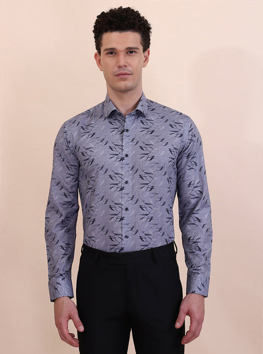 Grey Printed Slim Fit Party Wear Shirt | Greenfibre
