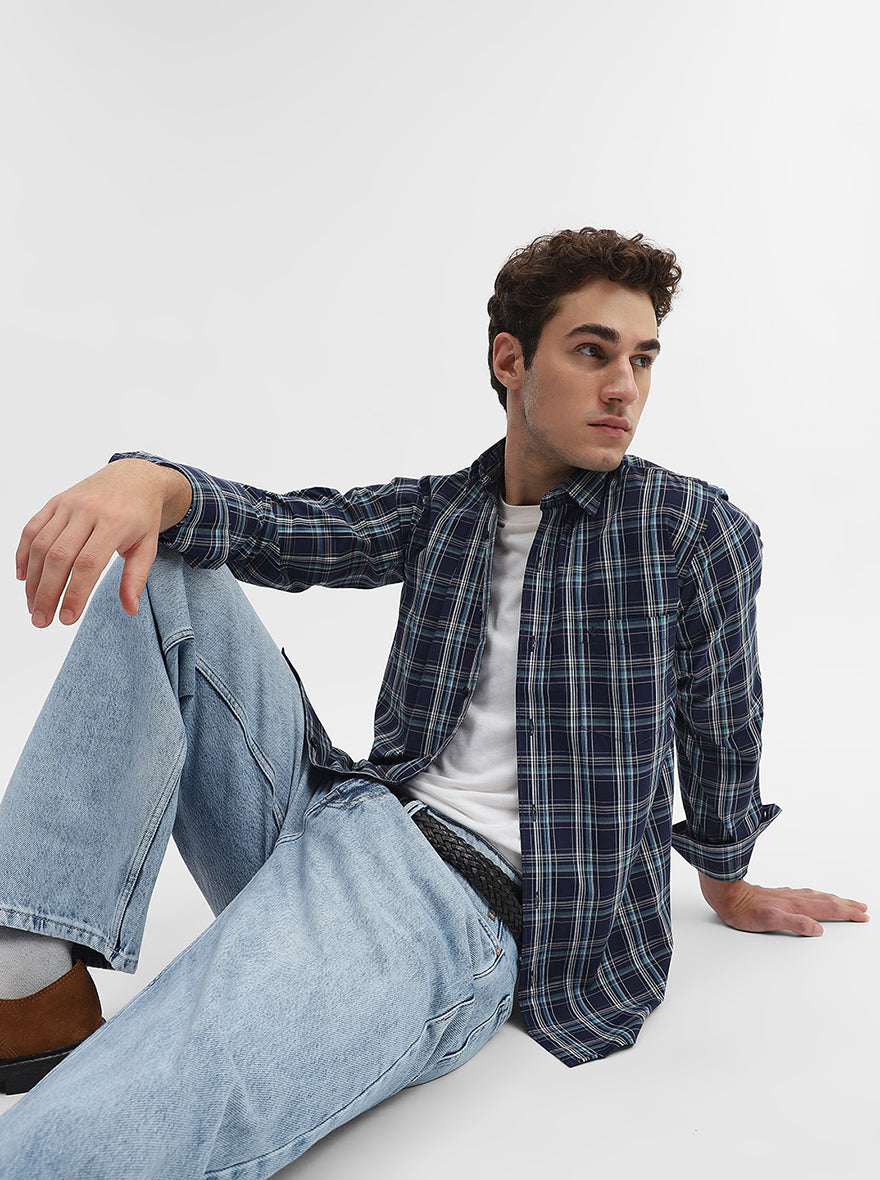 Navy Blue Checked Smart Fit Semi Casual Shirt | Greenfibre