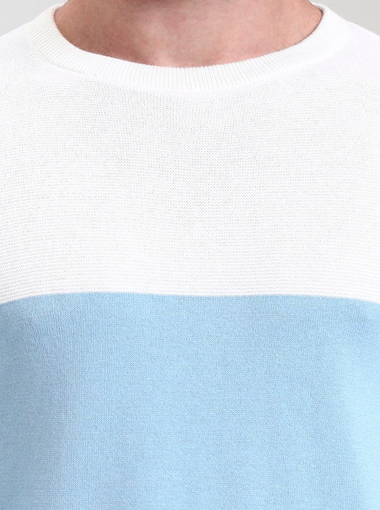 White & Sky Blue Striped Slim Fit T-Shirt | Greenfibre