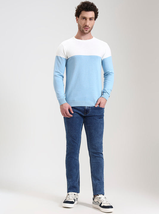 White & Sky Blue Striped Slim Fit T-Shirt | Greenfibre
