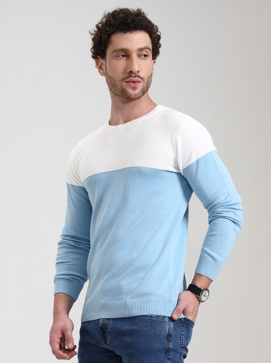 White & Sky Blue Striped Slim Fit T-Shirt | Greenfibre