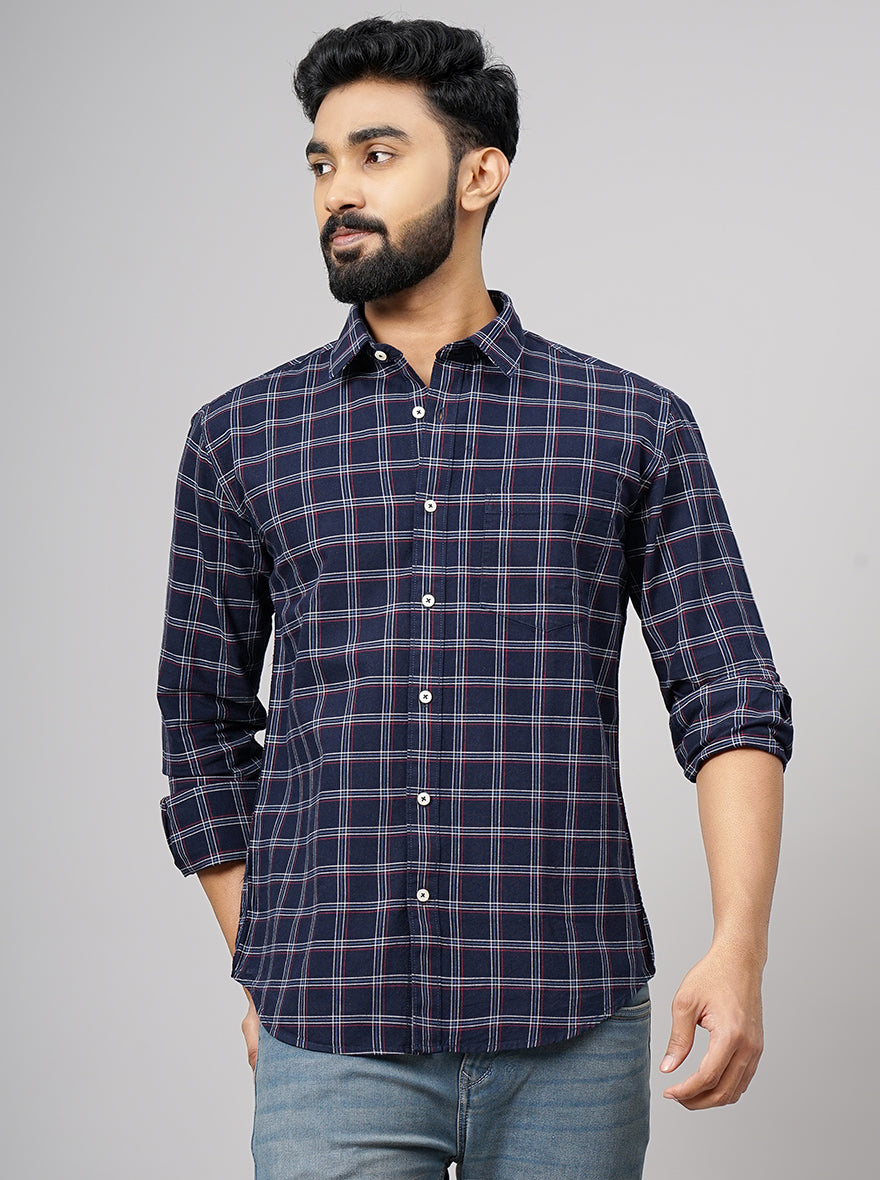 Navy Blue Checked Smart Fit Semi Casual Shirt | Greenfibre