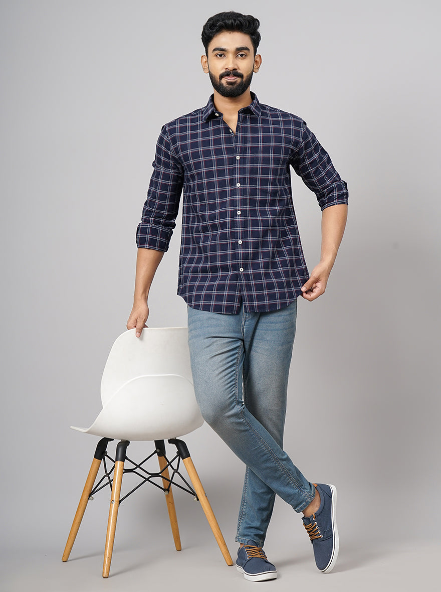 Navy Blue Checked Smart Fit Semi Casual Shirt | Greenfibre