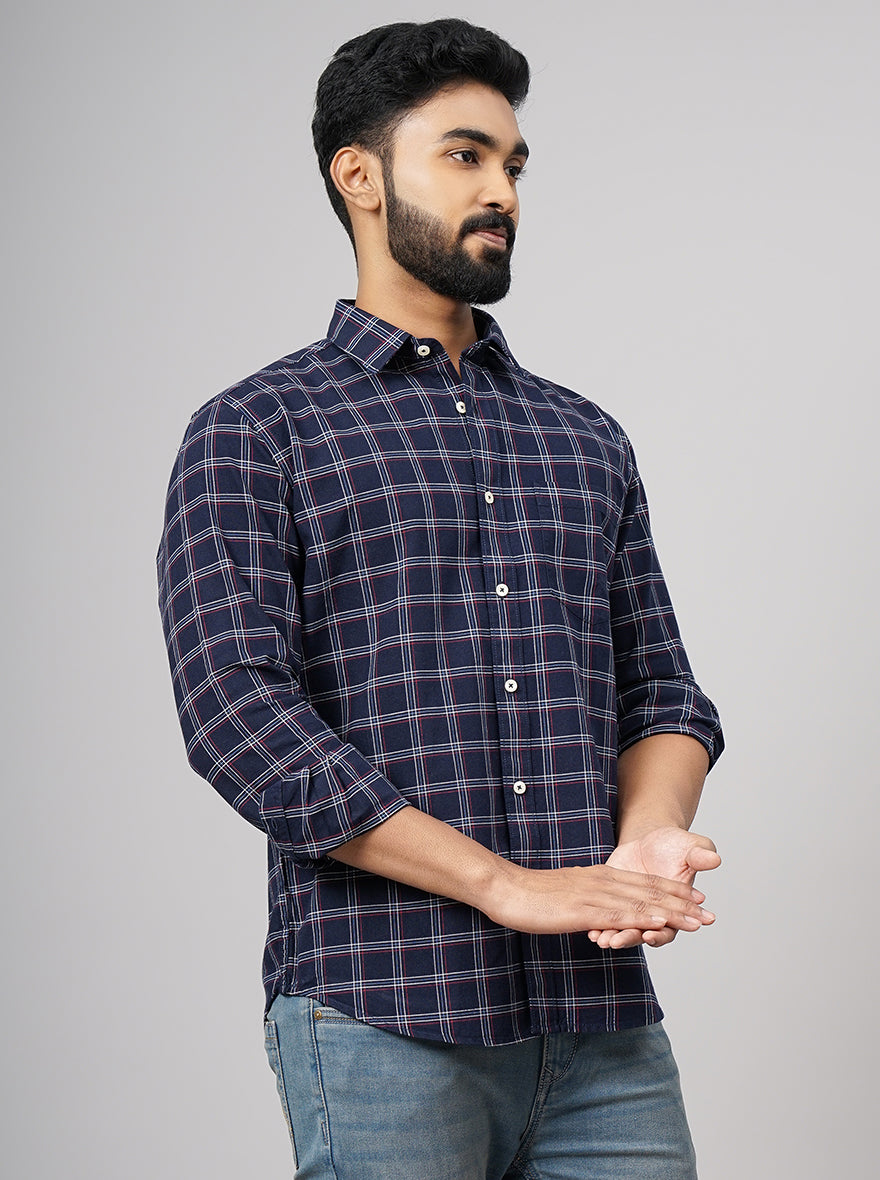 Navy Blue Checked Smart Fit Semi Casual Shirt | Greenfibre