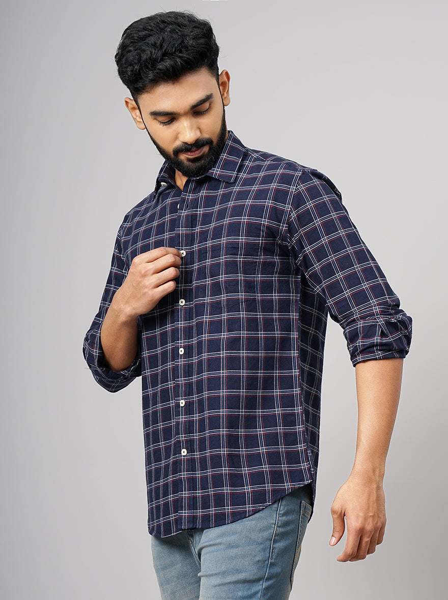 Navy Blue Checked Smart Fit Semi Casual Shirt | Greenfibre