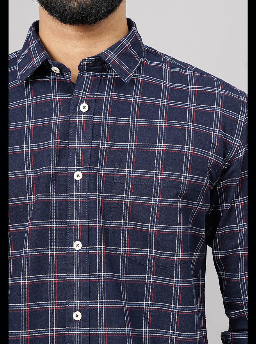 Navy Blue Checked Smart Fit Semi Casual Shirt | Greenfibre