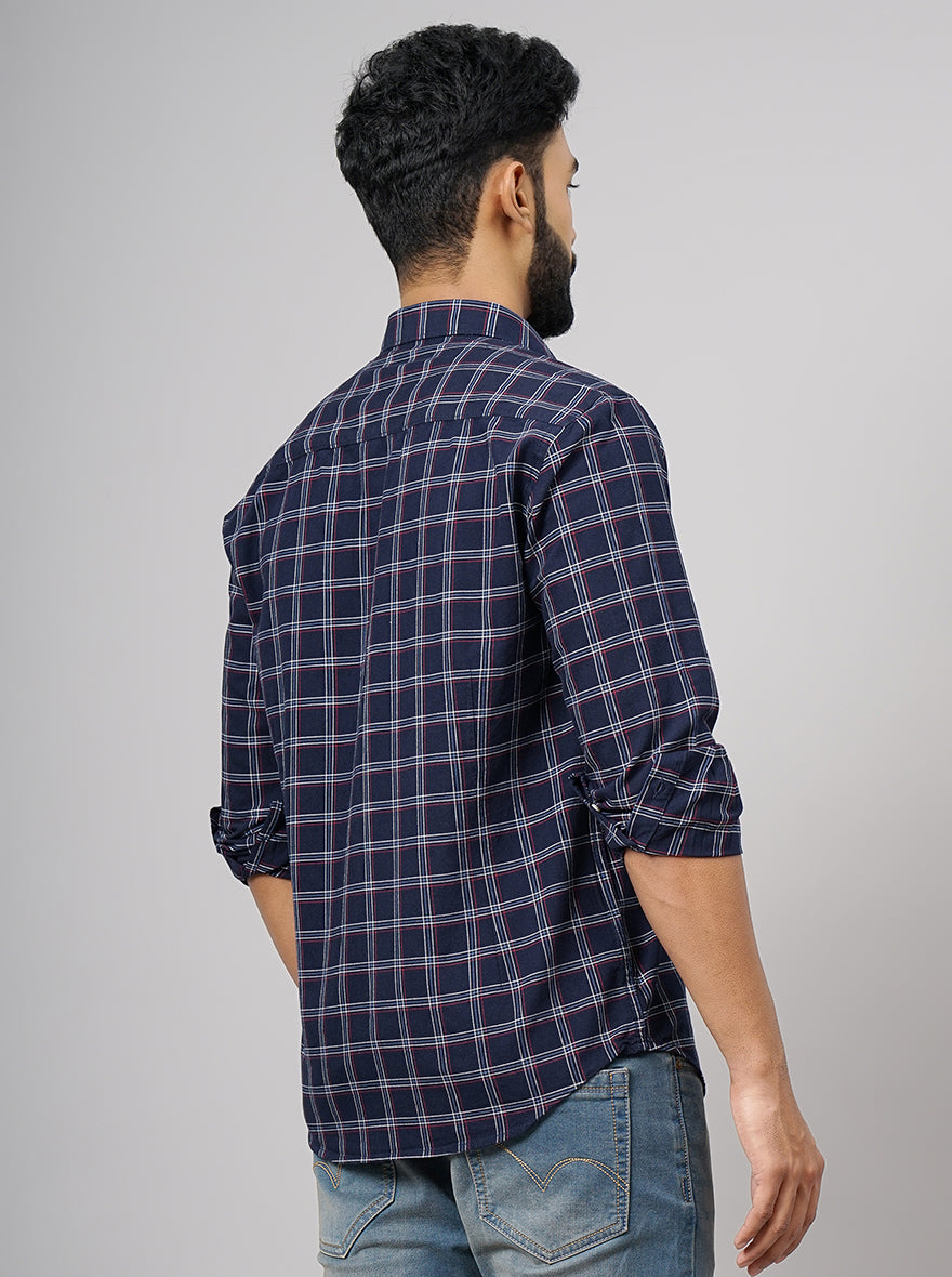 Navy Blue Checked Smart Fit Semi Casual Shirt | Greenfibre