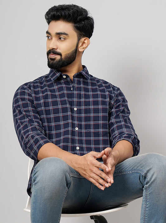 Navy Blue Checked Smart Fit Semi Casual Shirt | Greenfibre