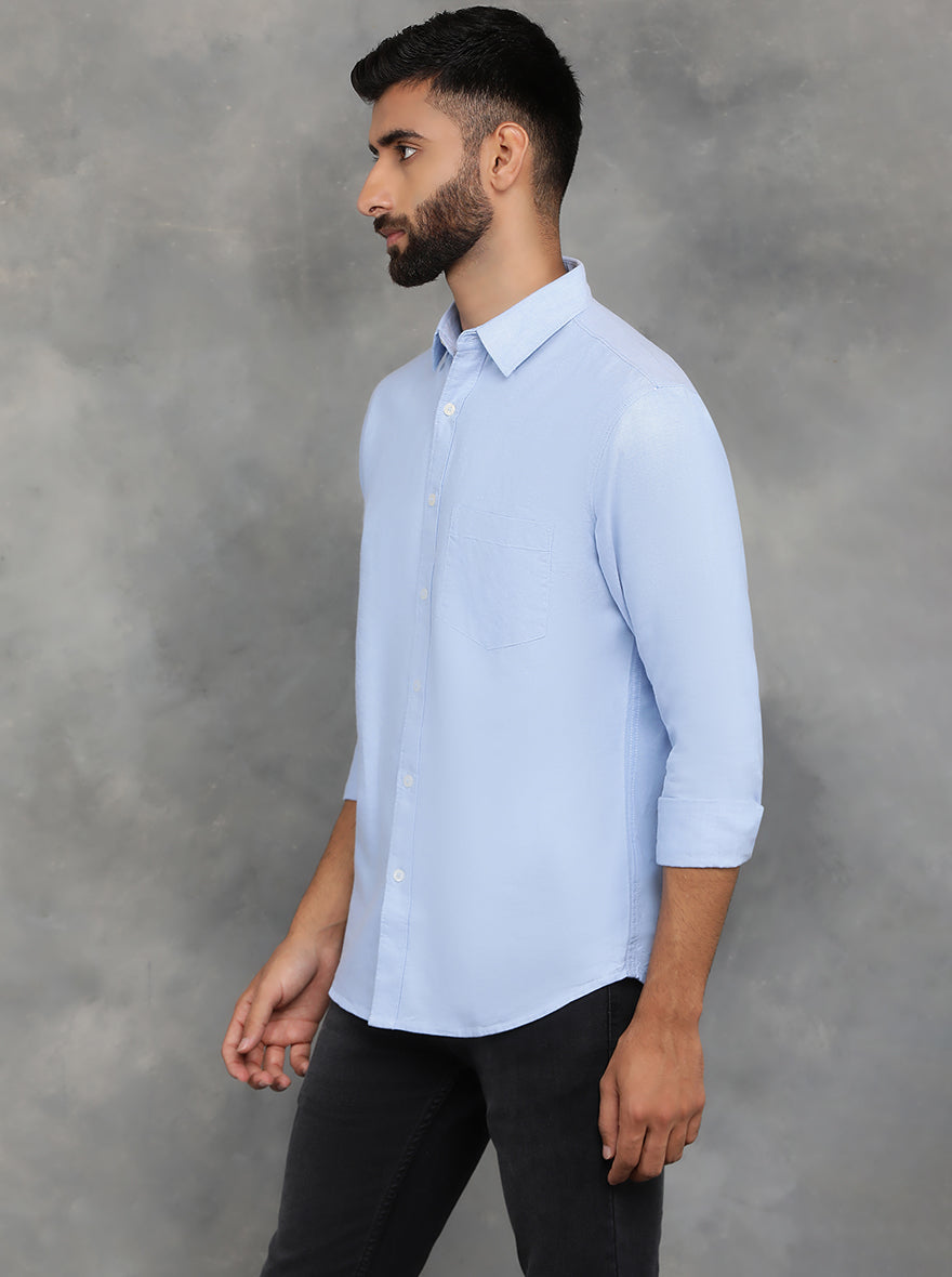 Sky Blue Solid Slim Fit Casual Shirt | GreenFibre