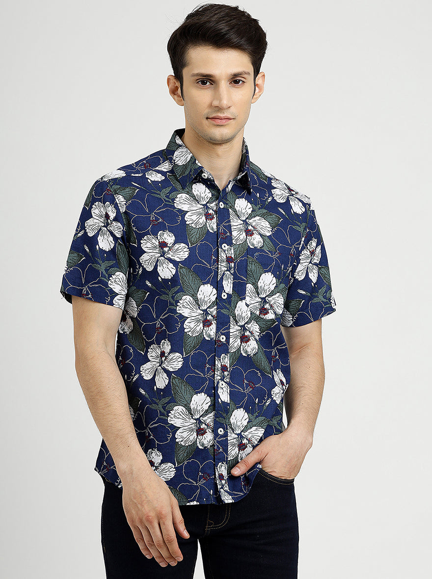 Navy Blue Printed Slim Fit Casual Shirt | Greenfibre