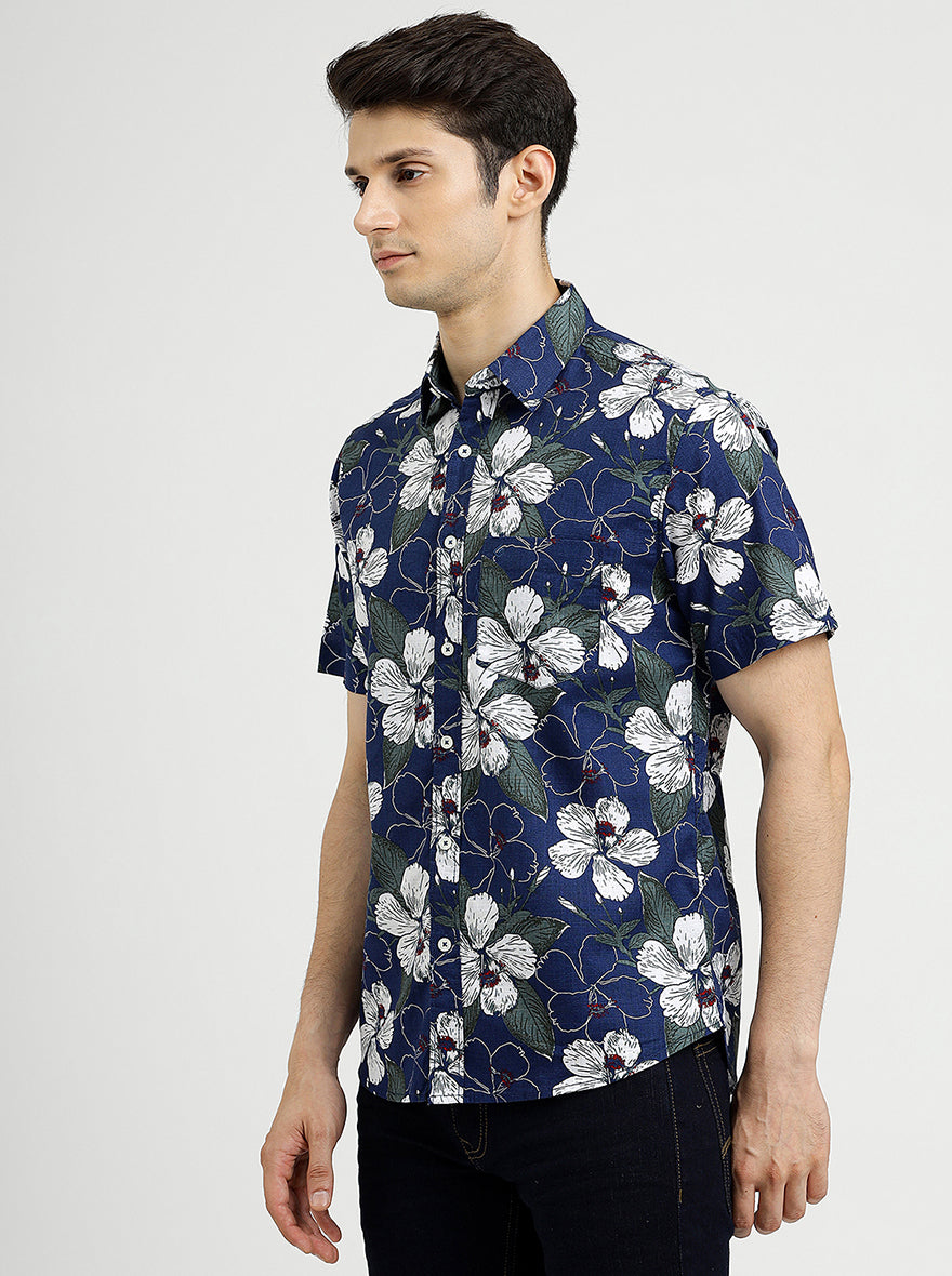 Navy Blue Printed Slim Fit Casual Shirt | Greenfibre