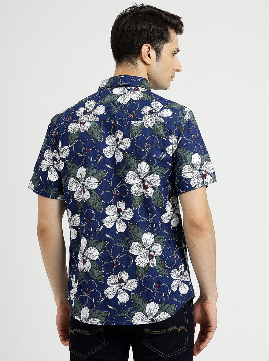 Navy Blue Printed Slim Fit Casual Shirt | Greenfibre