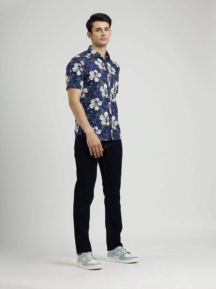 Navy Blue Printed Slim Fit Casual Shirt | Greenfibre