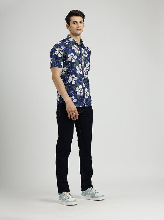 Navy Blue Printed Slim Fit Casual Shirt | Greenfibre