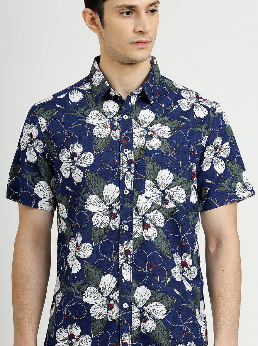 Navy Blue Printed Slim Fit Casual Shirt | Greenfibre