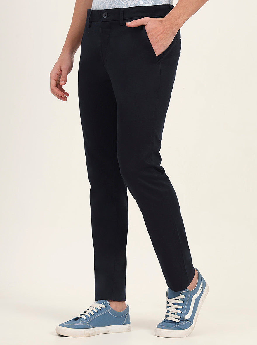 Navy Blue Solid Super Slim Fit Casual Trouser | Greenfibre