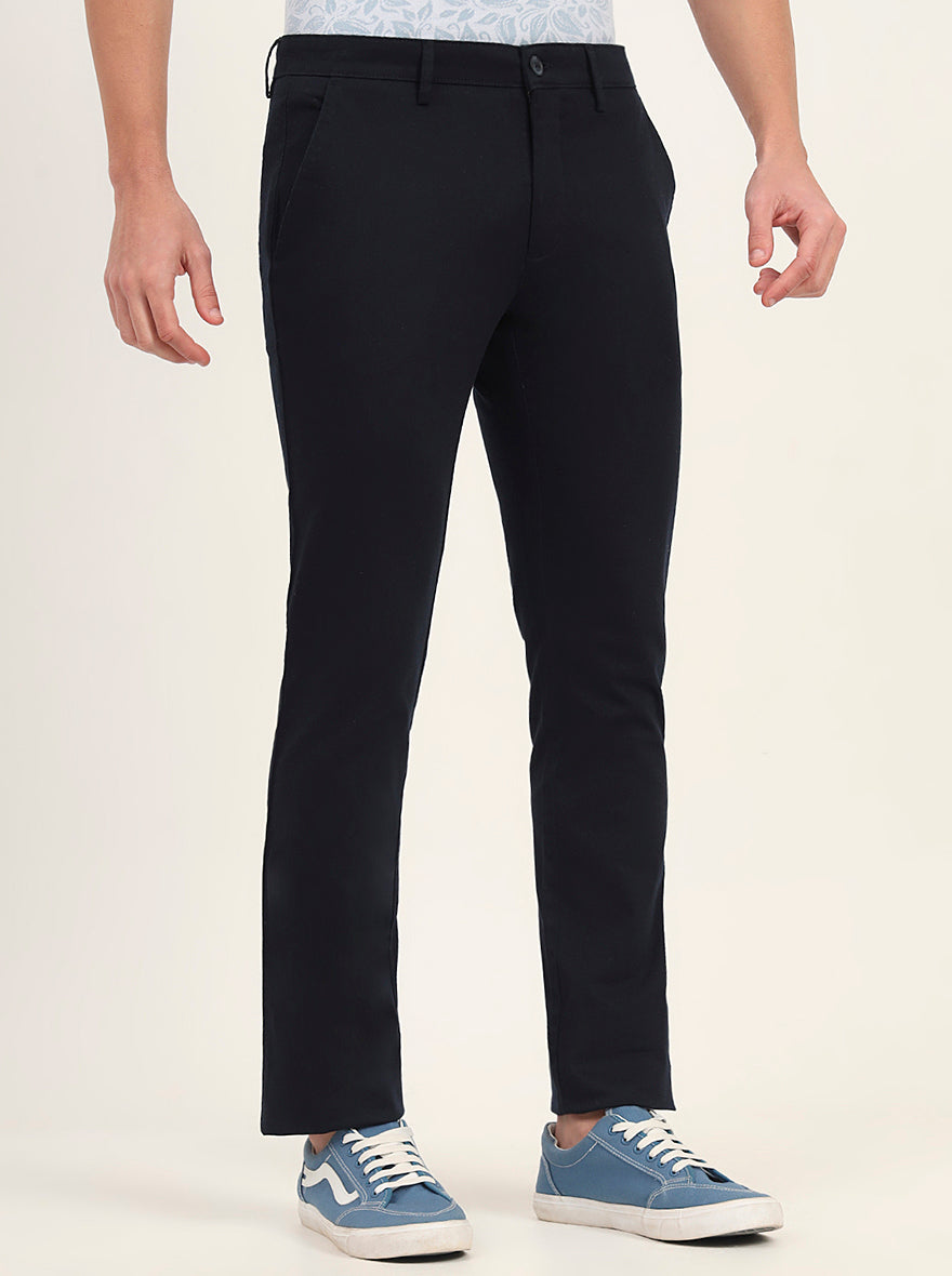 Navy Blue Solid Super Slim Fit Casual Trouser | Greenfibre
